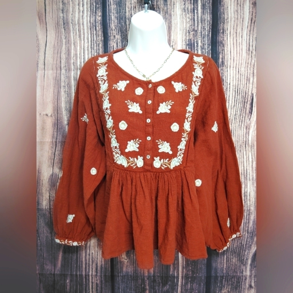 Zara Embroidered Rust Blouse Size Medium